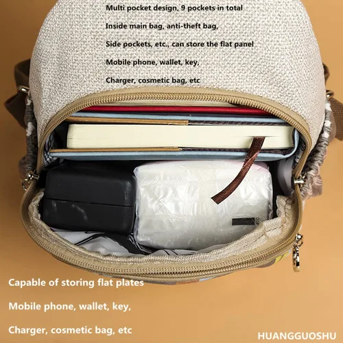 Vista 62 de HUANGGUOSHU Mochila de algodón tejida de algodón bohemio con bordado de lona estilo bohemio con múltiples bolsillos retro linda mochila cartera