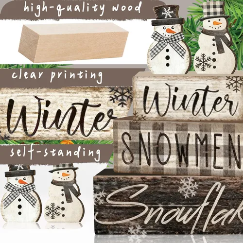 Vista 4 de 4 piezas de decoraciones navideñas para interiores - Decoración de mesa de muñeco de nieve de invierno de madera para el hogar - Centro de mesa