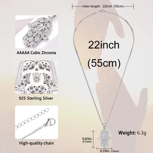 Vista 106 de Aniu Joyería de plata de ley 925 Hamsa de Fátima para mujer con circonita cúbica, viene con caja de regalo negra