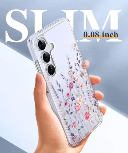Vista 6 de GVIEWIN Funda protectora para Samsung Galaxy S25, transparente floral, delgada, a prueba de golpes, para mujer, no se pone amarilla, con protector