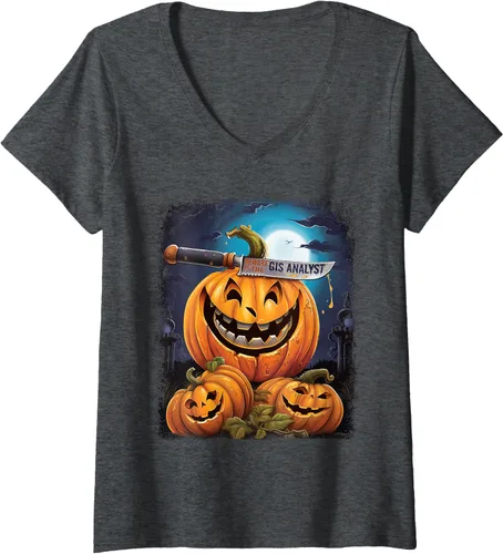 Vista 6 de GIS Analyst Funny Halloween Fun Pun Spooky V-Neck T-Shirt