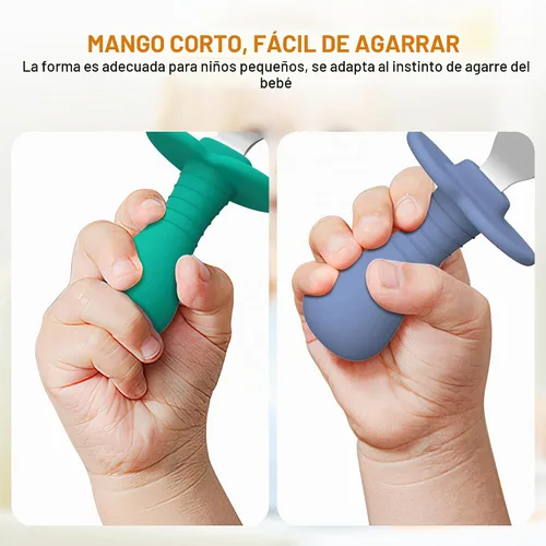Vista 4 de Juego de 4 cucharas para bebés, juego de cubiertos para niños con mango de silicona, cucharas seguras para niños de acero inoxidable 18/8, sin BPA