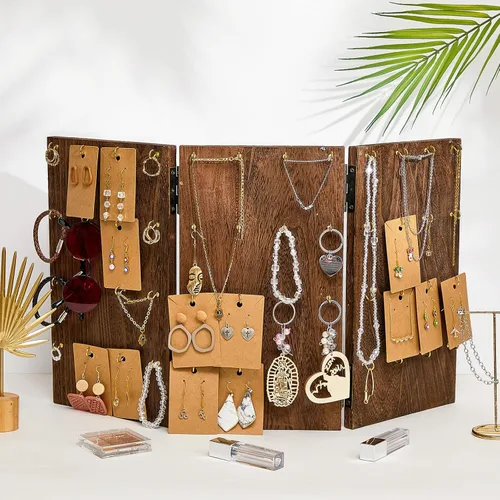 Vista 6 de 101 piezas de soporte plegable de madera para joyas, 48 ganchos, exhibición de aretes para vender tarjetas de exhibición de aretes, 3 paneles