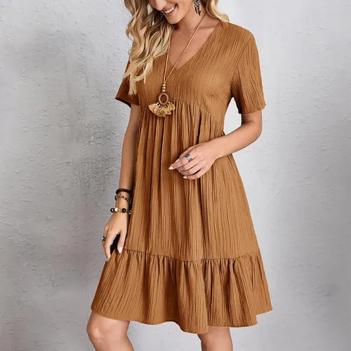 Vista 5 de Vestido sin mangas para mujer, casual, sexy, color liso, cuello en V, suelto, retazos, manga corta, vestido bodycon
