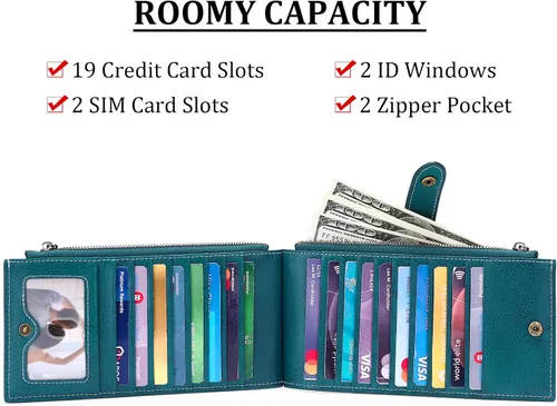 Vista 3 de GOIACII Billeteras para mujer con bloqueo RFID y 2 bolsillos con cremallera, C-Peacock Blue Type 3