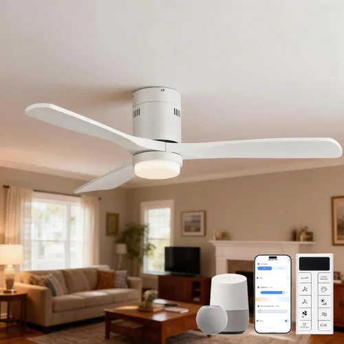 Vista 14 de Sofucor Ventiladores de techo inteligentes de 52 pulgadas con luces - montaje al ras de perfil bajo, modernos ventiladores de techo de madera maciza