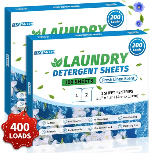 Vista 10 de FIXSMITH Hojas de detergente para ropa – 60 cargas (30 hojas) aroma de lino fresco – hipoalergénicas, ecológicas, hojas de jabón de lavandería ultra