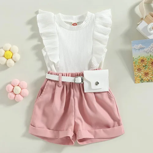 Vista 2 de Conjunto de ropa de verano para niña pequeña, con volantes, sin mangas, acanalada, pantalones cortos de cintura elástica con cinturón, ropa de moda