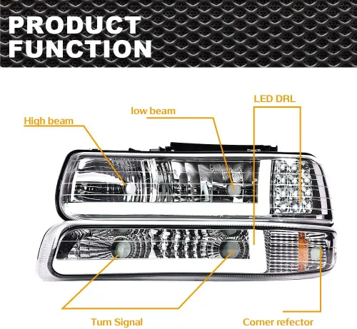 Vista 5 de Conjunto de faros LED CNNELL compatible con Chevy Silverado 1999-2002/Suburban Tahoe 2000-2006, carcasa cromada con lente transparente, reflector