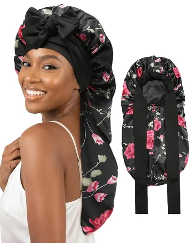 Vista 12 de AWAYTR Gorro largo de satén para mujer, gorro de seda elástica de doble capa para trenzas, gorro de dormir con banda de amarre (negro)