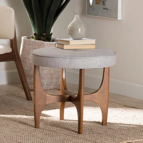 Vista 2 de Baxton Studio Theo Japandi - Reposapiés otomano de madera con acabado marrón grisáceo y tela beige grisácea