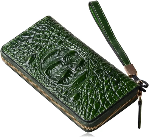 Vista 5 de PIJUSHI Billetera de piel de cocodrilo para mujer, bolso de mano, 1058 Croco Verde