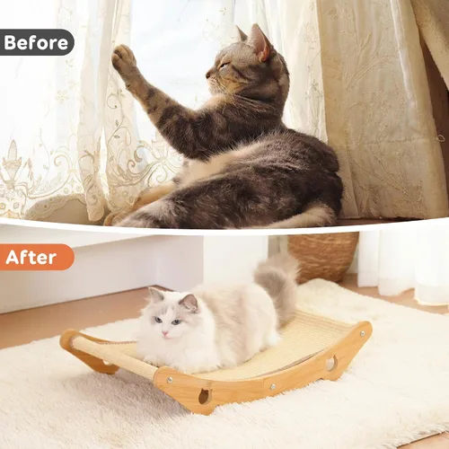 Vista 7 de Hamaca rascador para gatos, tumbona de sisal de madera en forma de U, protector de muebles