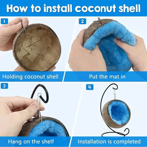 Vista 6 de Ranslen Hamster de coco natural con suspensión de juguete molar, casa de cama de hámster con almohadilla cálida, accesorios de decoración de hábitat