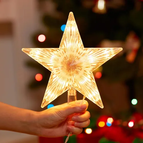Vista 4 de Estrella iluminada para la punta del árbol de Navidad con 10 bombillas reemplazables integradas, estrella de cinco puntas transparente de 9.5
