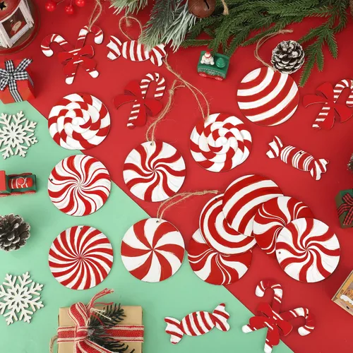 Vista 2 de 36 piezas de adornos navideños de madera con forma de bastón de caramelo, decoración colgante para árbol de Navidad, piruletas de menta roja