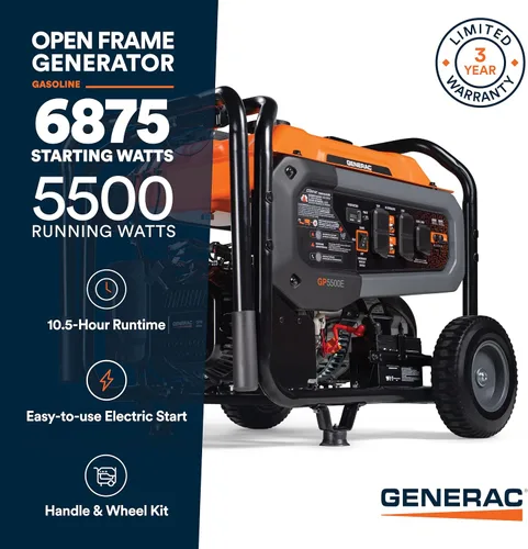 Vista 7 de Generac - Generador de gas portátil de 6,875 vatios de arranque, con EFI y kit de mango 5,500 Running Watts, Home Backup, RV Ready, Quiet, Long