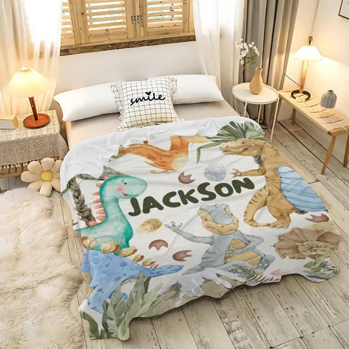 Vista 82 de Manta de regalo personalizada de dinosaurio con nombre para niñas, niños, recién nacidos, dinosaurio, manta personalizada para envolver al bebé