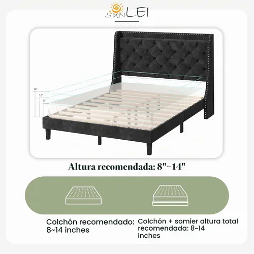 Vista 6 de SUNLEI Base de cama tamaño Queen con botón capitoné y tela de terciopelo, marco de cama con cabecera de almacenamiento con respaldo de ala, listones