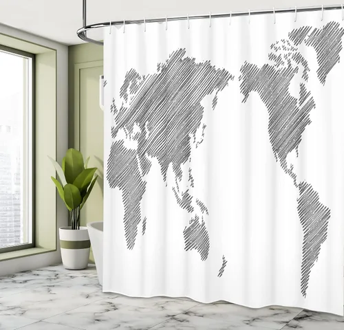 Vista 4 de Ambesonne Cortina de ducha con mapa del mundo, diseño de continentes a rayas, cartografía, geografía, países en todo el mundo, juego de decoración