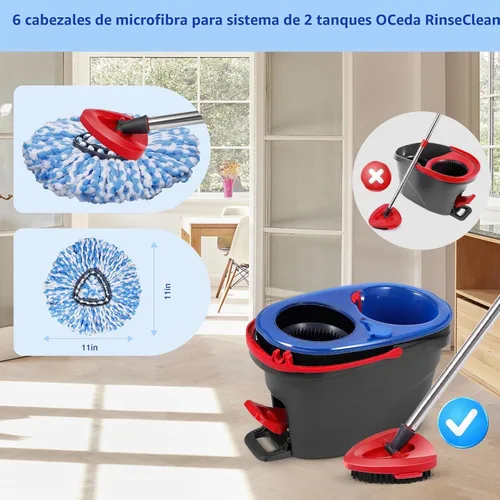 Vista 4 de Juego profesional de 6 piezas compatible con O-Cedar RinseClean: 4 cabezales de fregona de microfibra + 1 cepillo + 1 base de ajuste preciso