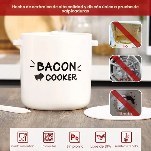 Vista 2 de SOLIGT Olla para Cocinar Tocino en Microondas de Cerámica - Olla de Tocino para Microondas con Diseño a Prueba de Salpicaduras, Tapa y Pinzas Extra