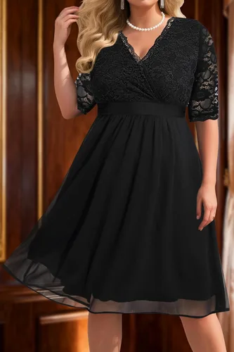 Vista 4 de Plus Size Wedding Guest Cocktail Midi Dress Lace Chiffon V Neck Wrap Negro