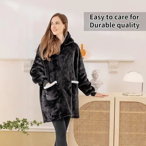 Vista 6 de Aisbo Manta con capucha para mujer, acogedora manta de forro polar Sherpa con capucha para adultos, mujeres y hombres, manta cálida y mullida