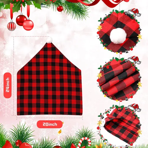 Vista 6 de Queekay 6 piezas de fundas traseras de silla de Navidad, protector de silla de comedor de Navidad con diseño de sombrero de Papá Noel, a cuadros