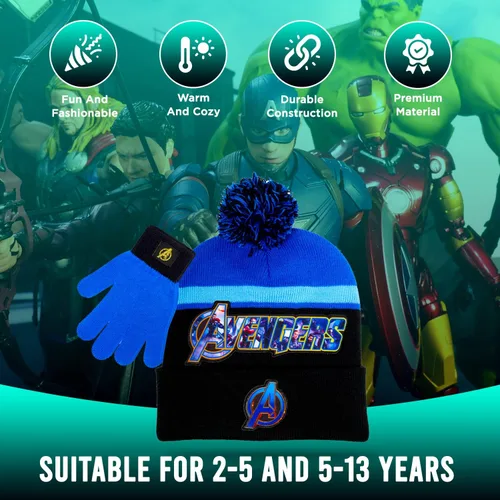 Vista 3 de Marvel Avengers - Juego de sombreros de invierno y guantes de nieve para niños y niños pequeños con lindos guantes y gorro suave, pompones esponjosos