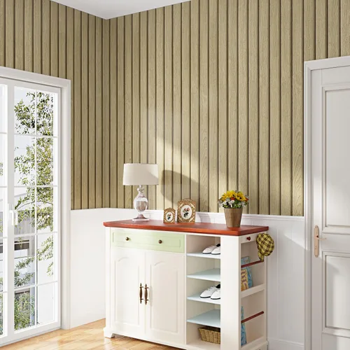 Vista 3 de Papel tapiz de listones de madera marrón claro, paneles de madera autoadhesivos, papel tapiz de rayas de grano de madera sintético, papel de 1