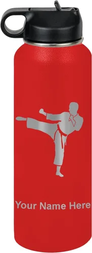 Vista 47 de Botella de agua personalizada LaserGram, Karate Man, de acero inoxidable con aislamiento al vacío de doble pared con tapa abatible, regalo grabado