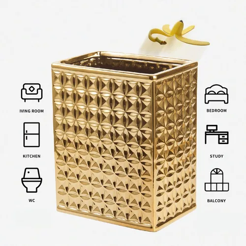 Vista 2 de Basurero para baño, pequeño bote de basura de oficina para cocina, cubo de basura rectangular delgado, cerámica, dorado
