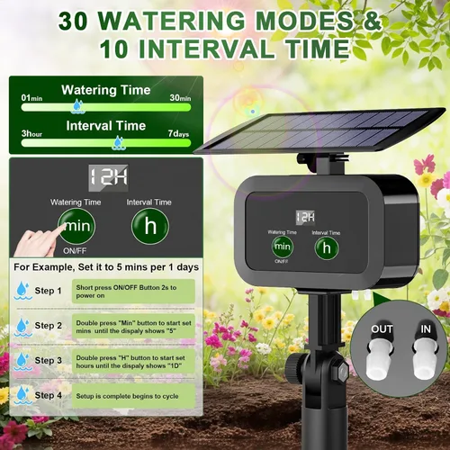 Vista 3 de Kit de sistema de riego por goteo solar con pantalla LCD, 30 modos de trabajo y 10 intervalos de riego, kit de riego por goteo alimentado por