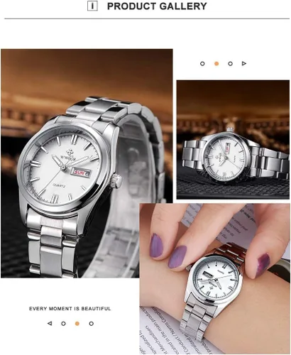 Vista 4 de MASTOP Reloj clásico de moda para mujer, resistente al agua, acero inoxidable, redondo, fecha, analógico, cuarzo, vestido, Blanco, Movimiento