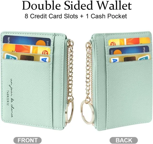 Vista 22 de URAQT Cartera para tarjetas de crédito, cartera minimalista de cuero delgado con cremallera, mini protector de tarjeta de crédito, llavero bolsillo