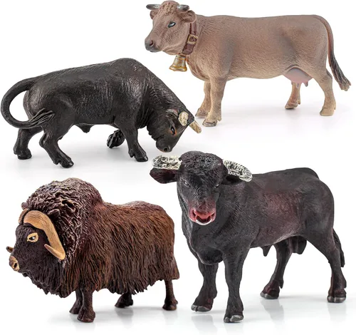 Vista 6 de LC JoyCre Figuras de vacas de juguete de toros, 4 piezas, figuras realistas de vaca suiza, juguetes para niños pequeños, toro africano, almizcle