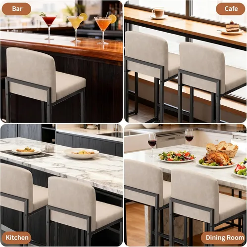 Vista 8 de GarveeHome Juego de 2 taburetes de bar, modernos taburetes de bar de altura de mostrador con respaldo y reposapiés, taburetes de bar tapizados
