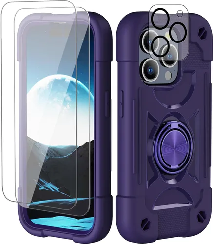 Vista 9 de Funda para iPhone 11 de 6.1 pulgadas con soporte de anillo, con 2 protectores de pantalla de vidrio, resistente a los golpes, resistente a