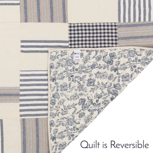 Vista 6 de Doylestown - Edredón de retazos y flores, 100% algodón, reversible, con cuadros de guingán, saco de grano y rayas azules para decoración