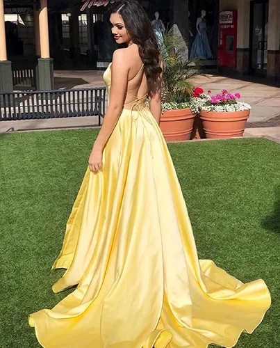 Vista 8 de ZLQQ Vestidos de noche formales divididos con tirantes delgados vestidos de satén largos con bolsillos para mujer