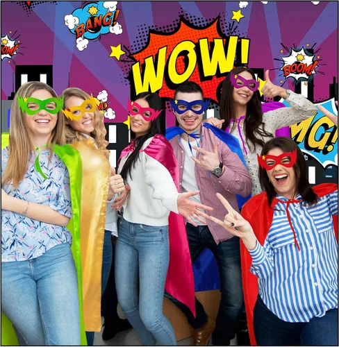 Vista 2 de D.Q.Z Capas de superhéroes y marcas para adultos y adolescentes, paquete de 14 unidades a granel de disfraces de superhéroes para fiestas