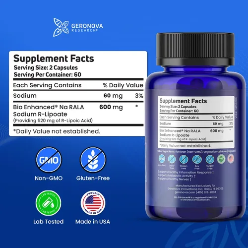 Vista 2 de Geronova Research® Bio-Enhanced® Ácido R-Lipoico - 600 mg, 120 Cápsulas