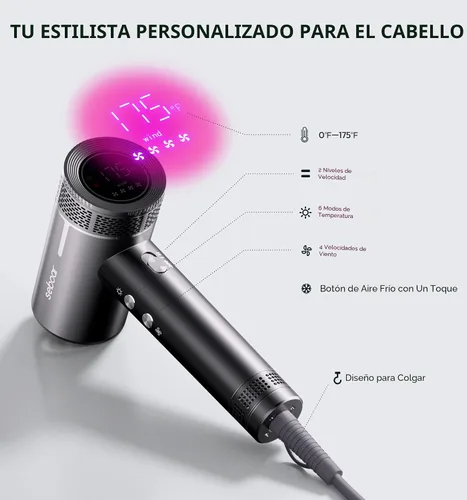 Vista 6 de Secador de pelo iónico de alta velocidad con difusor, pantalla LCD profesional con control térmico, secado rápido de 1500 W, secador de pelo