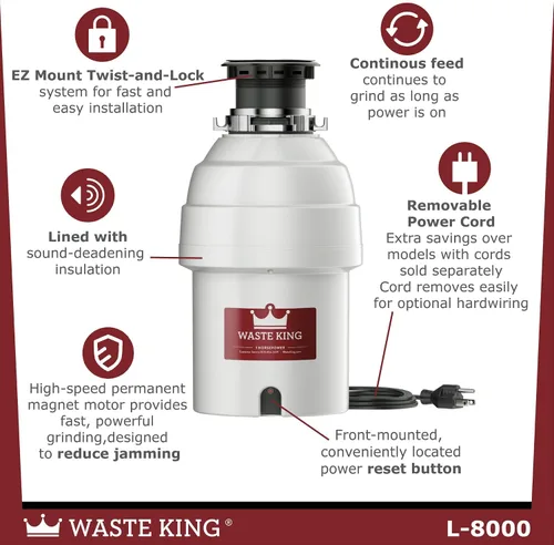 Vista 3 de Eliminación de residuos con cable de energía King Legend Series 1 HP alimentación coninua de basura– (l-8000)