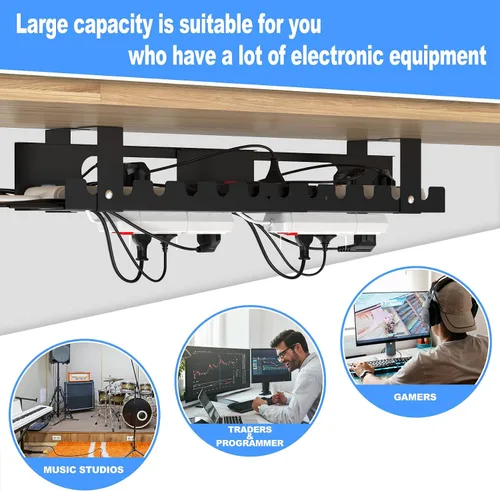 Vista 6 de Organizador de cables para debajo del escritorio, organizador de cables ajustable grande debajo de la mesa, organizador de cables para escritorio