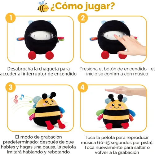 Vista 5 de hahaland - Juguete de abeja que rebota para el tiempo boca abajo, para 6 meses, juguete musical de abeja de peluche para bebés de 7, 8, 9, 10, 11