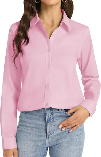 Vista 8 de Camisas de vestir para mujer, de manga larga, con botones, formales, sin arrugas, lisas, para trabajo, negocios, oficina, tops básicos