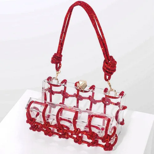 Vista 3 de DJBM Bolso de noche de acrílico transparente con diamantes de imitación brillantes, adornado con cristales con purpurina, nudo de cuerda, bolso