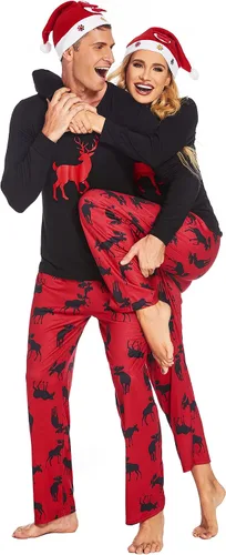 Vista 2 de Ekouaer - Conjunto de pijama de Navidad a juego para la familia, ropa de dormir y de descanso, camiseta de manga larga sin botones y pantalones